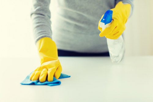 Cleaning products and tools arranged for safe use